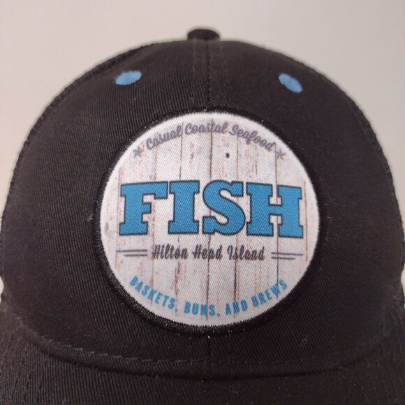 Hilton Head Island Fish Coastal Seafood Black Snapback Mesh Back Hat Cap Logo - Picture 3 of 10